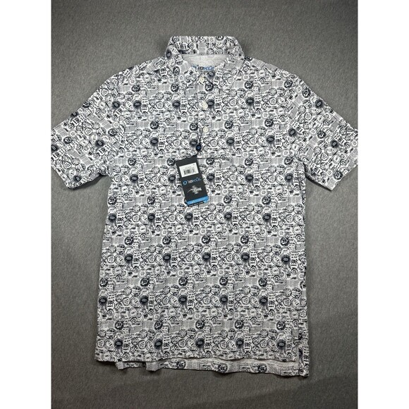 Ibkul Polo Shirt Mens Small White Black Antique Stamp Postmark AOP Icefil UPF - Picture 2 of 7
